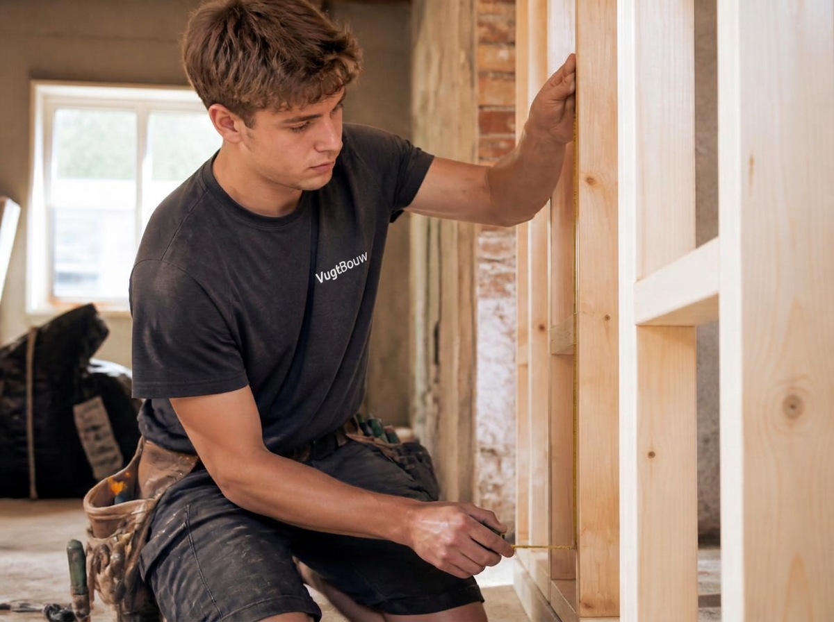 Jonge vakman van VugtBouw meet houtwerk op tijdens een woningrenovatie