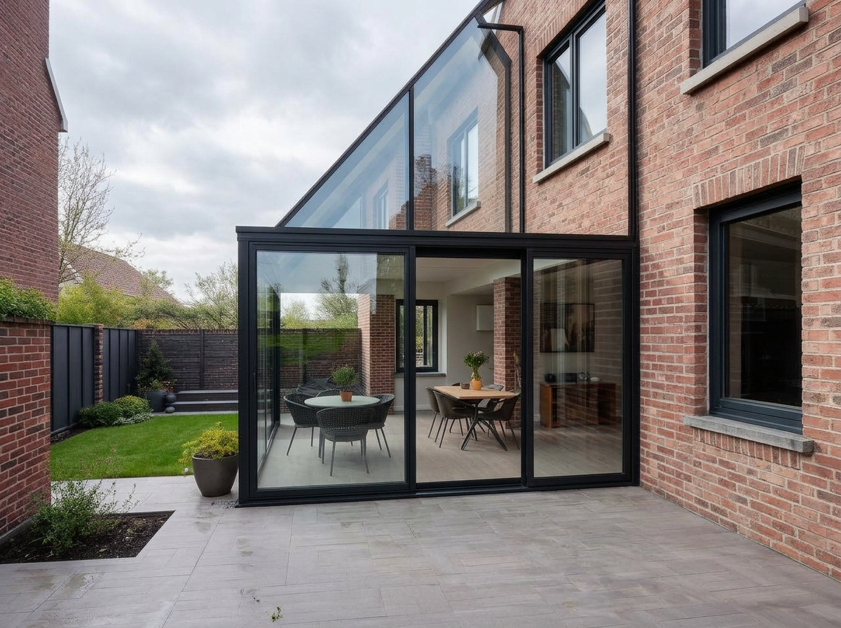 Moderne uitbouw met glazen schuifpui aan een bakstenen woning